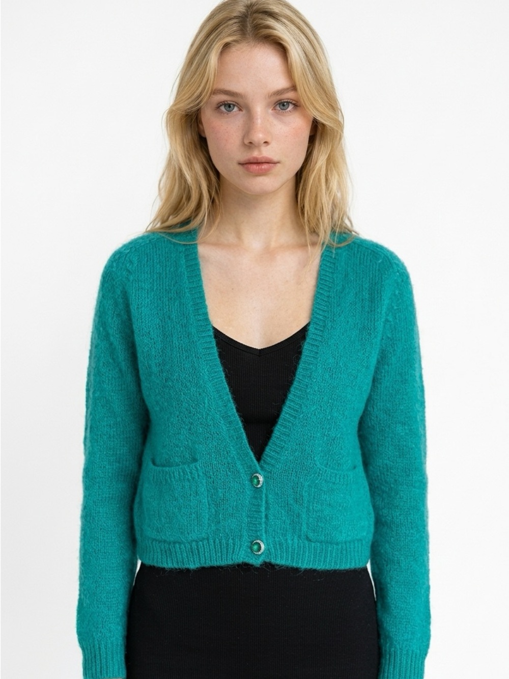 Jennifer Reed Vintage Hand Knit Mohair Cardigan Teal Green Jewel Button Small